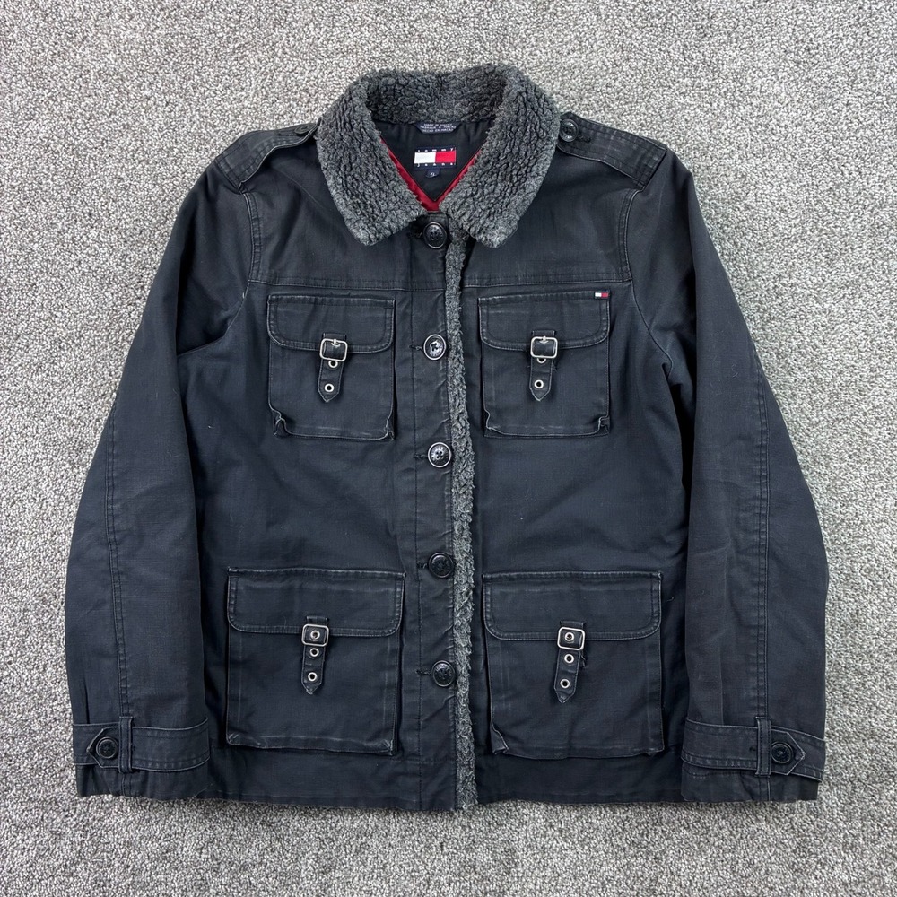 Vintage Tommy Hilfiger Military Jacket Women's XL Black Utility Field Sherpa